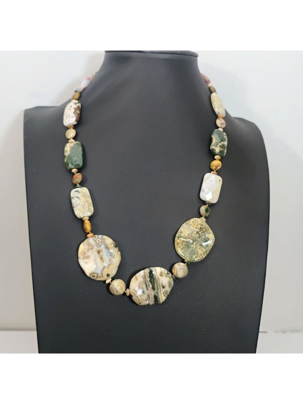 Artisan Made Ocean Jasper Bead Necklace OOAK Unique Stones Green Pink Beige 19"